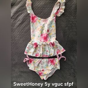 Girls Floral Ruffle 2-Piece Swimsuit - Pink & Yellow Flowers